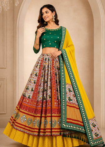 Green Mirror Navratri Lehenga Choli With Dupatta