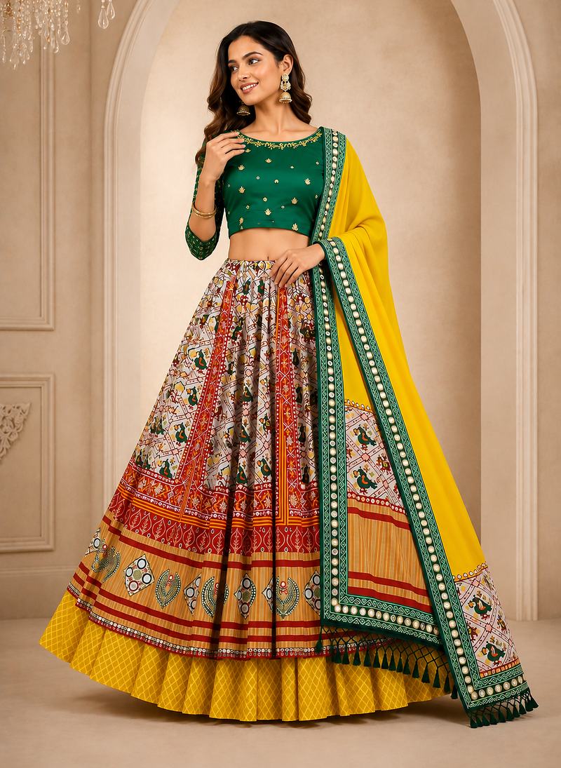 Green Mirror Navratri Lehenga Choli With Dupatta