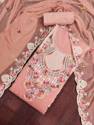 women's peach unstitched p v cotton silk dress material with embroidered dupatta 3