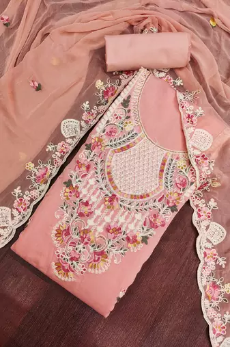 women's peach unstitched p v cotton silk dress material with embroidered dupatta