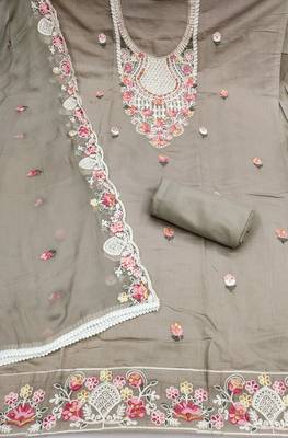 women's grey unstitched p v cotton silk dress material with embroidered dupatta 2