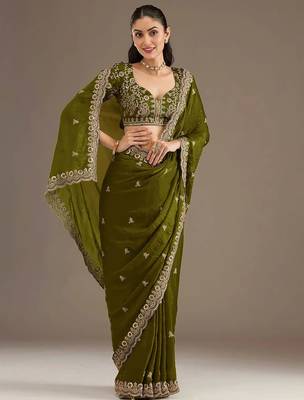 Delightful olive green tissue silk zari and sequins embroidered indian latest design party wear saree 4