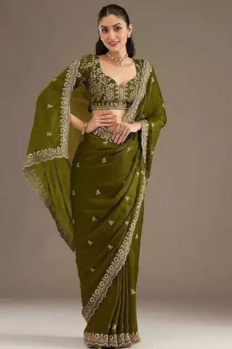 Delightful olive green tissue silk zari and sequins embroidered indian latest design party wear saree