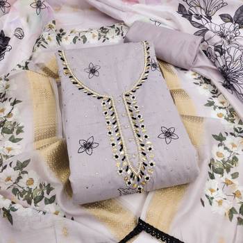 women's light grey unstitched modal cotton dress material with banarasi dupatta 1
