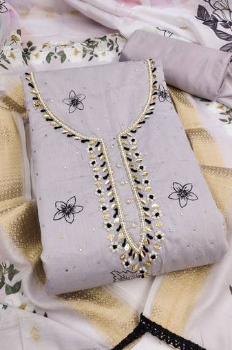 women's light grey unstitched modal cotton dress material with banarasi dupatta