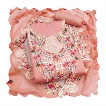 women's peach unstitched p v cotton silk dress material with embroidered dupatta 4