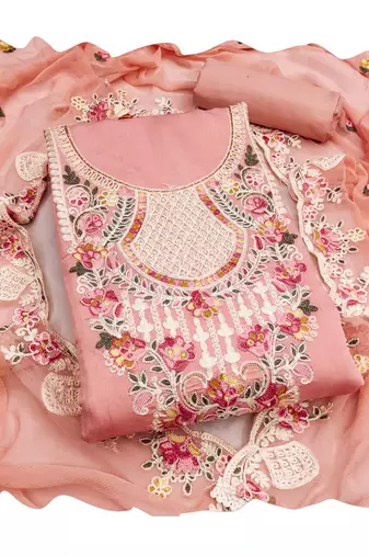 women's peach unstitched p v cotton silk dress material with embroidered dupatta