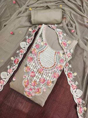 women's grey unstitched p v cotton silk dress material with embroidered dupatta 4