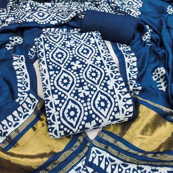 women's blue unstitched banarasi cotton dress material with emblished dupatta 1
