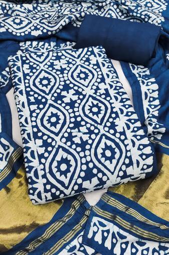 women's blue unstitched banarasi cotton dress material with emblished dupatta
