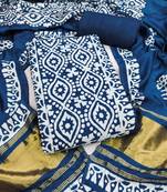 women's blue unstitched banarasi cotton dress material with emblished dupatta