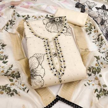 women's beige unstitched modal cotton dress material with banarasi dupatta 1