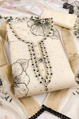 women's beige unstitched modal cotton dress material with banarasi dupatta
