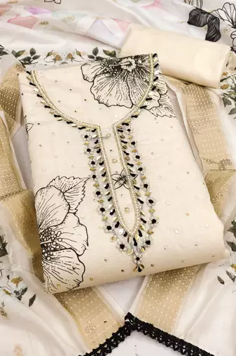 women's beige unstitched modal cotton dress material with banarasi dupatta