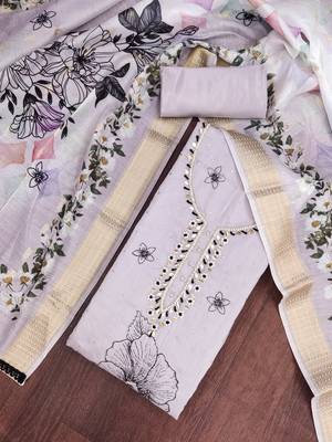 women's light grey unstitched modal cotton dress material with banarasi dupatta 4