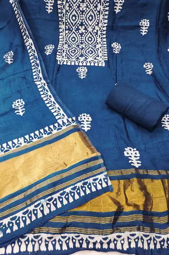 women's blue unstitched banarasi cotton dress material with emblished dupatta