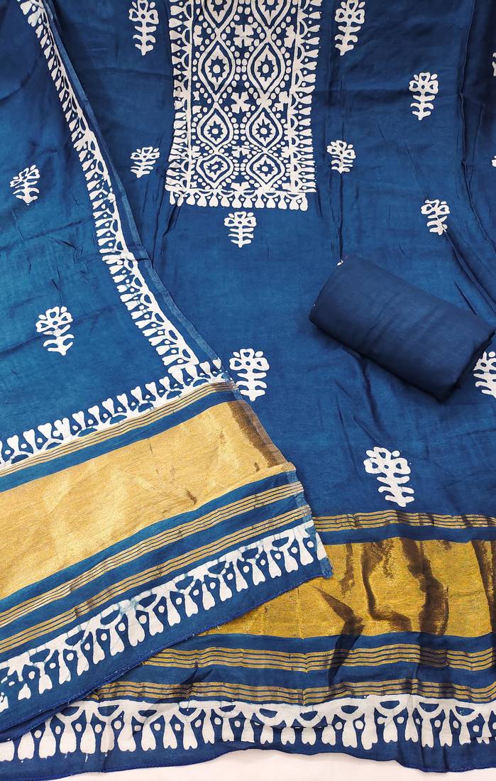 women's blue unstitched banarasi cotton dress material with emblished dupatta