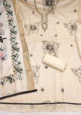 women's beige unstitched modal cotton dress material with banarasi dupatta 2