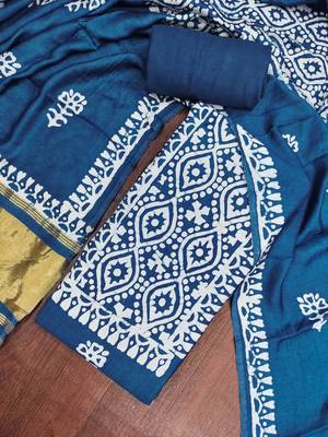 women's blue unstitched banarasi cotton dress material with emblished dupatta 4