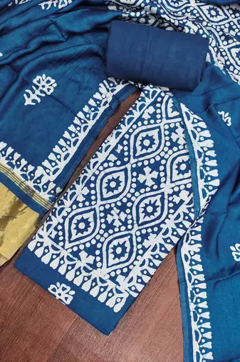 women's blue unstitched banarasi cotton dress material with emblished dupatta