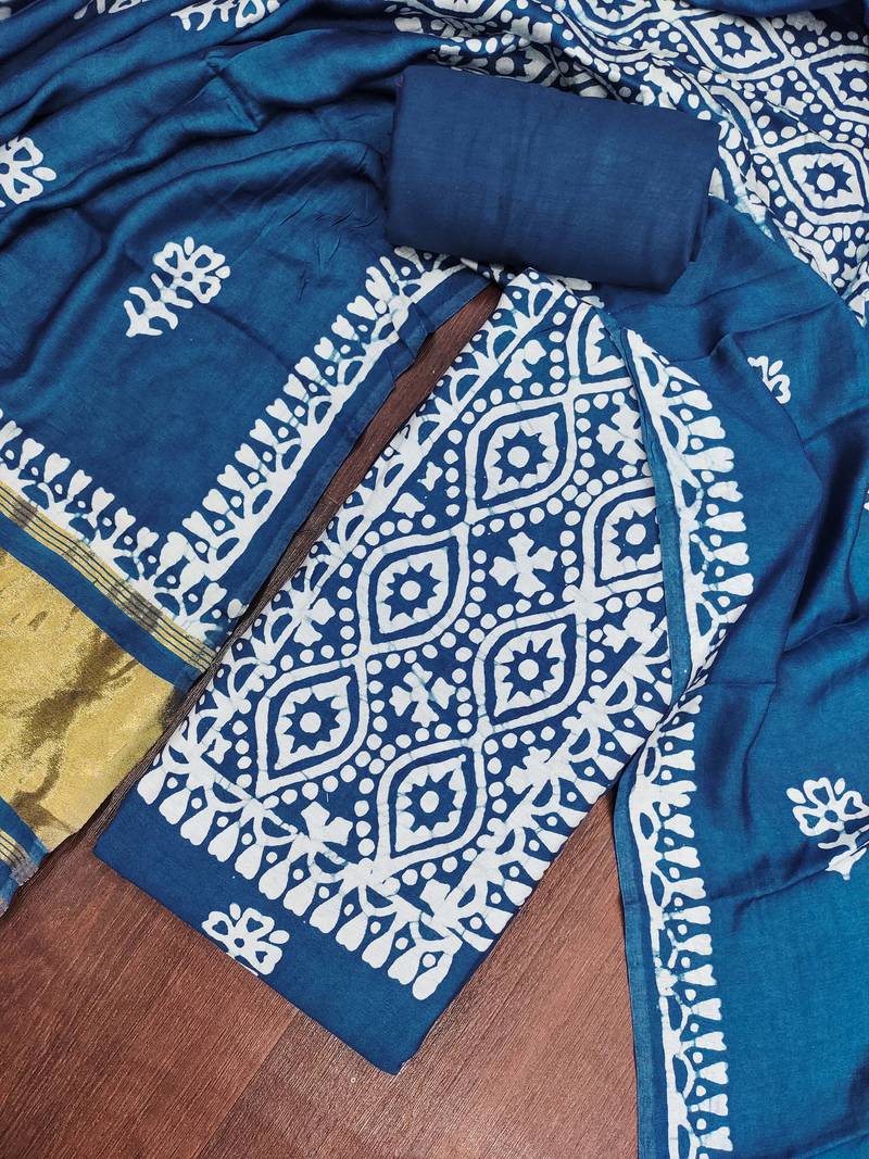 women's blue unstitched banarasi cotton dress material with emblished dupatta