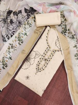 women's beige unstitched modal cotton dress material with banarasi dupatta 4