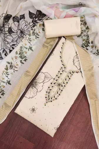 women's beige unstitched modal cotton dress material with banarasi dupatta
