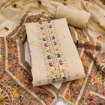 women's beige unstitched banarasi cotton dress material with emblished dupatta 1