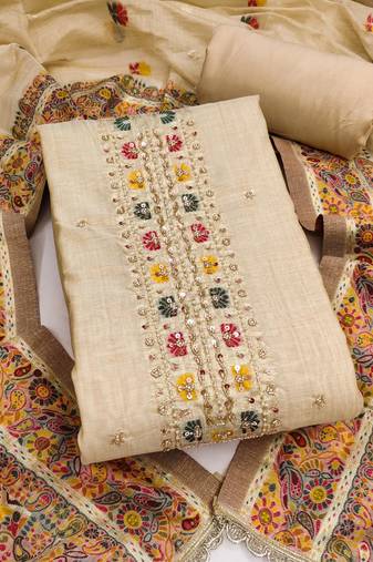 women's beige unstitched banarasi cotton dress material with emblished dupatta