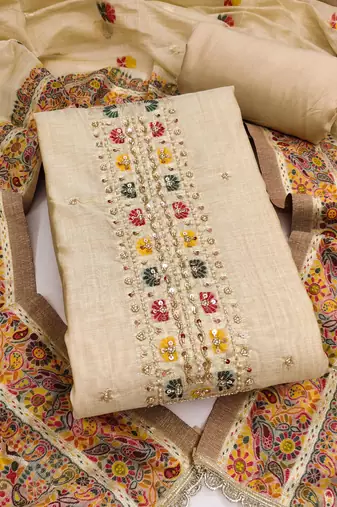 women's beige unstitched banarasi cotton dress material with emblished dupatta