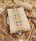 women's beige unstitched banarasi cotton dress material with emblished dupatta