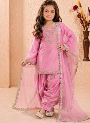 Designer party wear heavy silk kids top farshi plazzo & dupatta set 1