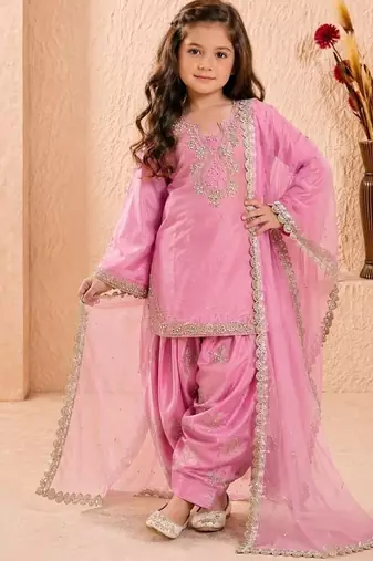 Designer party wear heavy silk kids top farshi plazzo & dupatta set