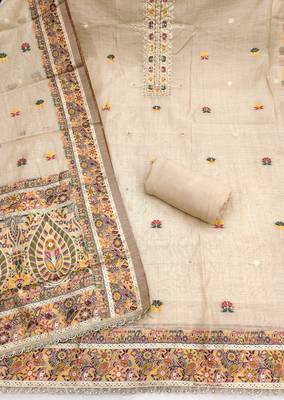 women's beige unstitched banarasi cotton dress material with emblished dupatta 2