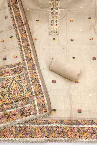 women's beige unstitched banarasi cotton dress material with emblished dupatta