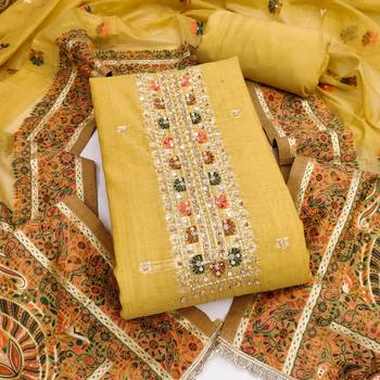 women's mustard unstitched banarasi cotton dress material with emblished dupatta 1
