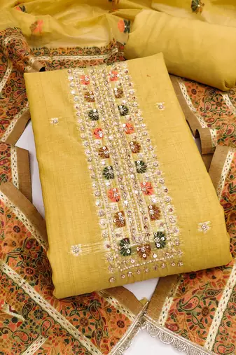 women's mustard unstitched banarasi cotton dress material with emblished dupatta