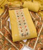 women's mustard unstitched banarasi cotton dress material with emblished dupatta