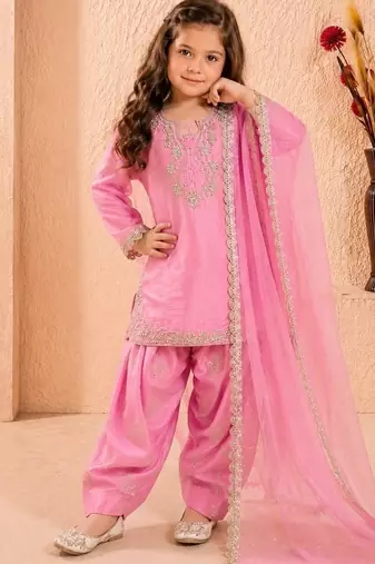 Designer party wear heavy silk kids top farshi plazzo & dupatta set