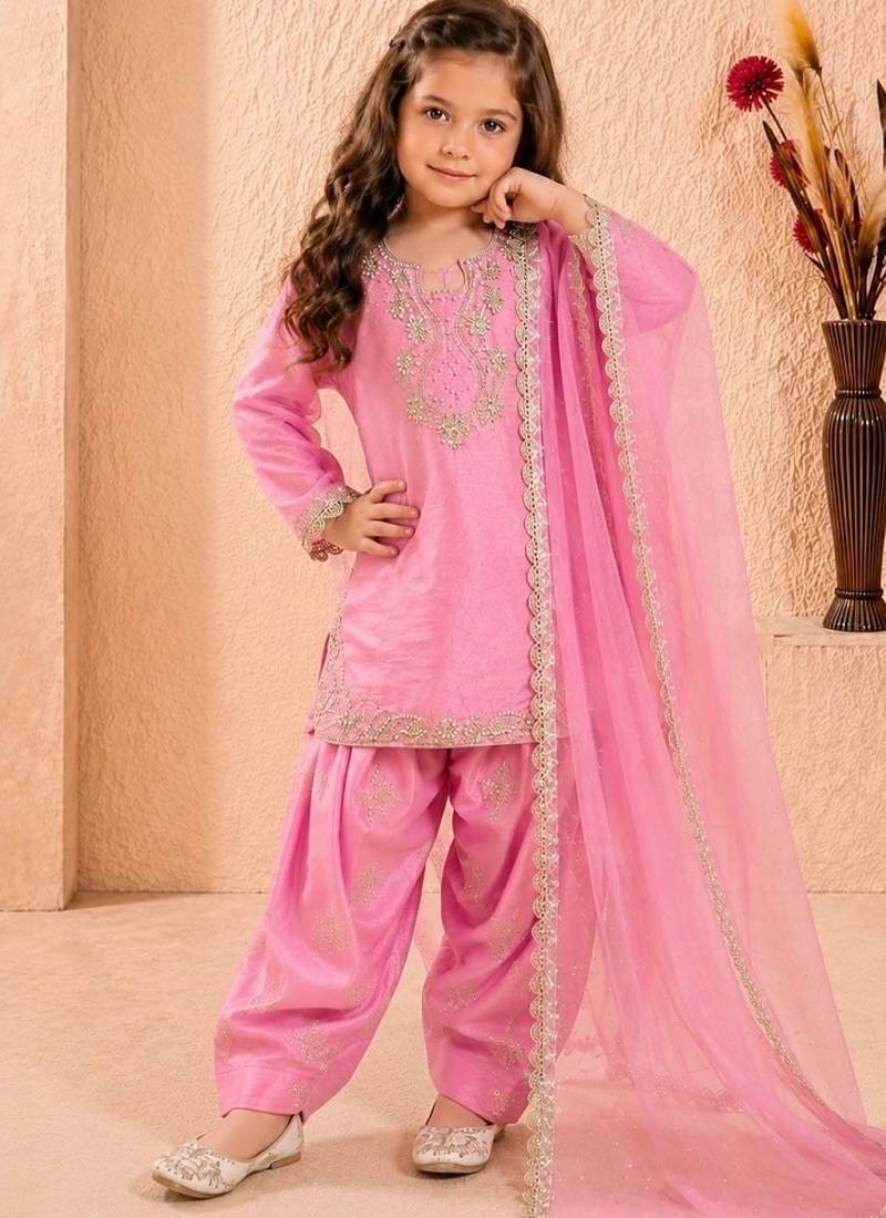 Designer party wear heavy silk kids top farshi plazzo & dupatta set