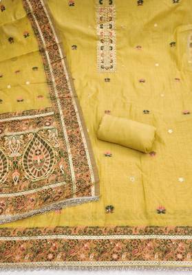 women's mustard unstitched banarasi cotton dress material with emblished dupatta 2