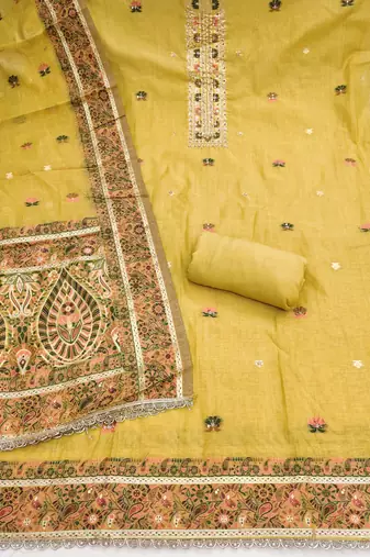 women's mustard unstitched banarasi cotton dress material with emblished dupatta