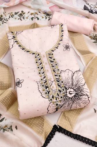 women's baby pink unstitched modal cotton dress material with banarasi dupatta