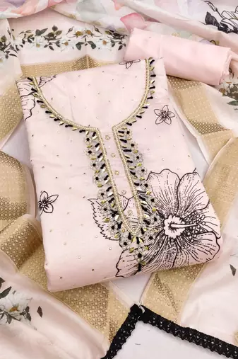 women's baby pink unstitched modal cotton dress material with banarasi dupatta