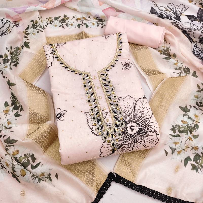 women's baby pink unstitched modal cotton dress material with banarasi dupatta