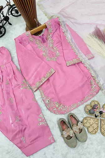 Designer party wear heavy silk kids top farshi plazzo & dupatta set