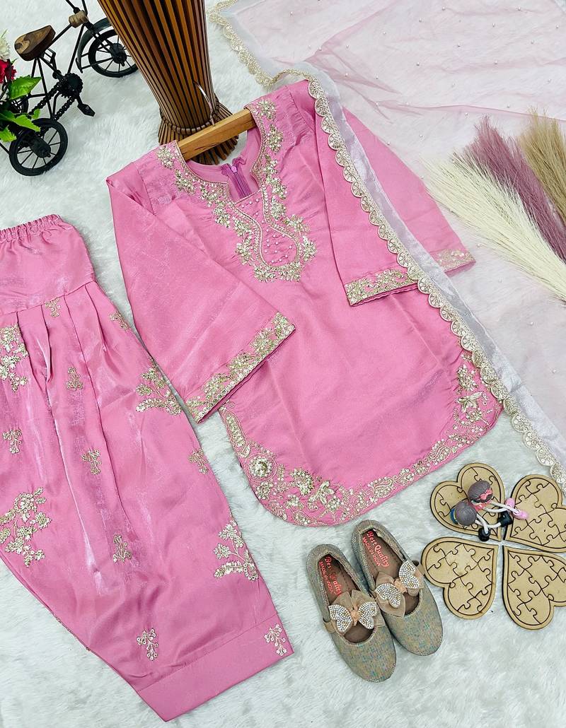 Designer party wear heavy silk kids top farshi plazzo & dupatta set