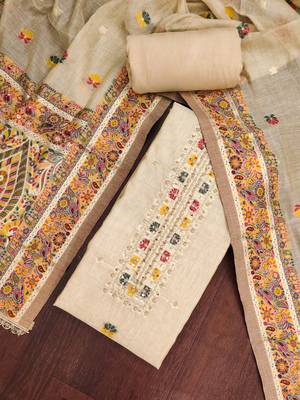 women's beige unstitched banarasi cotton dress material with emblished dupatta 4