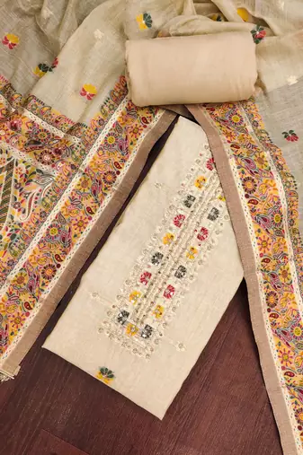women's beige unstitched banarasi cotton dress material with emblished dupatta