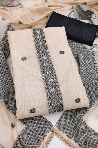 women's off white unstitched pure banarasi cotton dress material & woven dupatta
